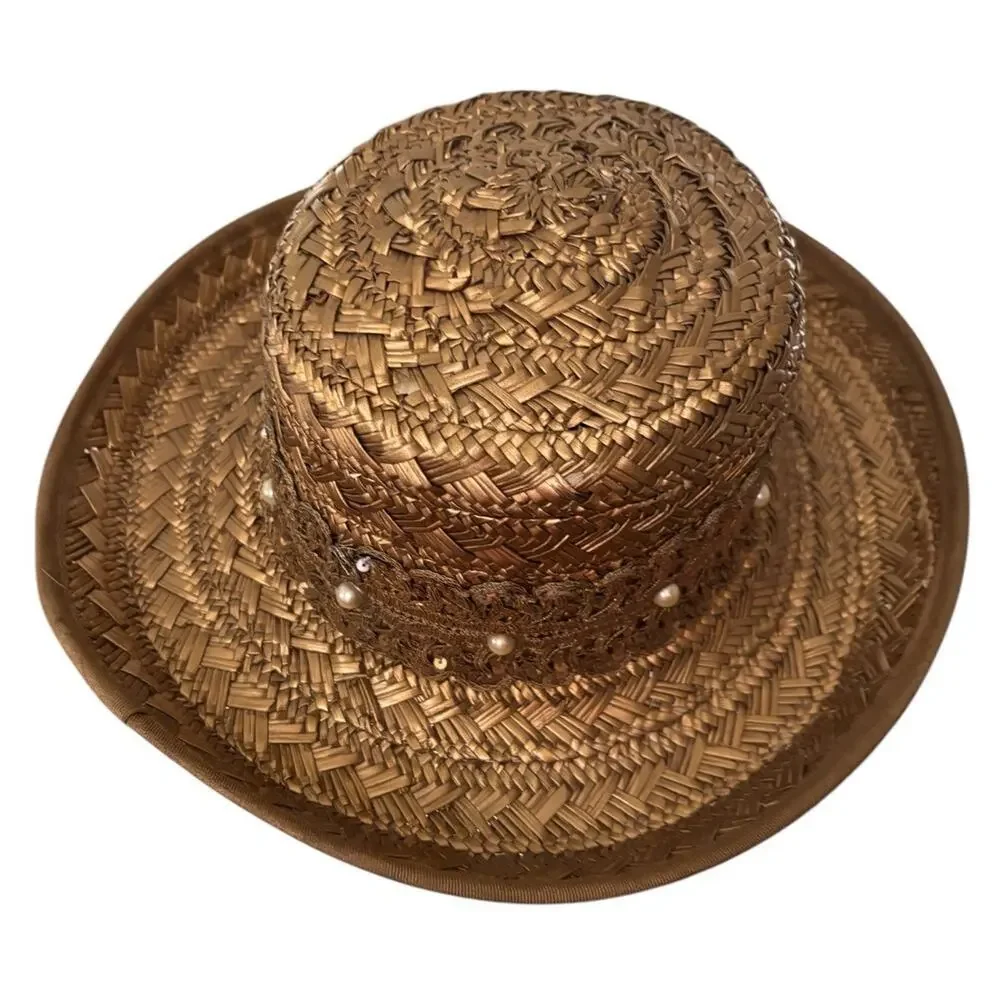 Eric Javits Hat Gold Bronze Straw Boat Beach Statement Spring Pearl Accent - Picture 8 of 9